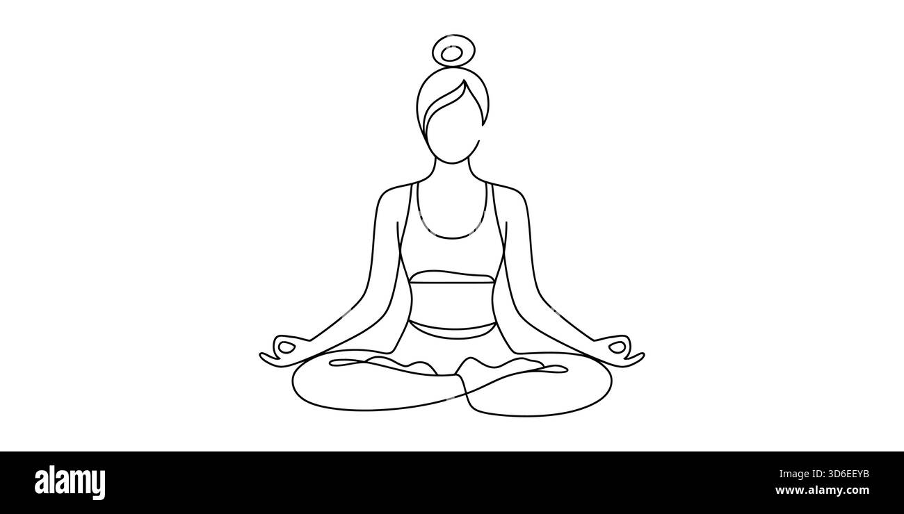 Minimalistische Linienkunst einer Frau, die in Lotuspose, Yoga und Wellness meditiert Stock Vektor