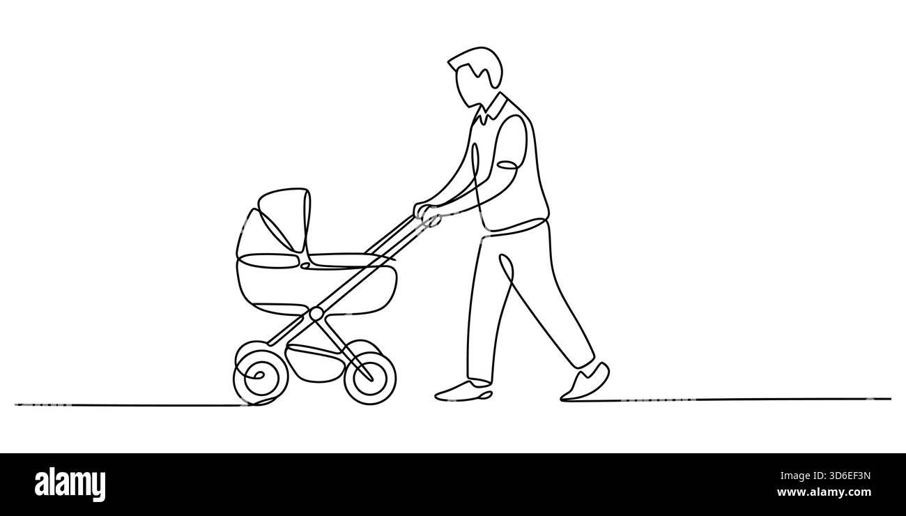 Kontinuierliche Linienkunst eines Vaters, der mit seinem Kinderwagen auf weiß läuft. Stock Vektor
