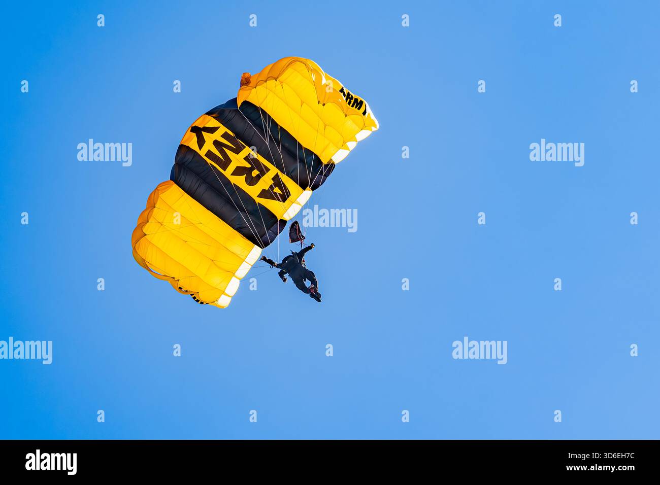 Fallschirmspringer der US-Armee steigen während der Chicago Air & Water Show in Formation ab. Stockfoto