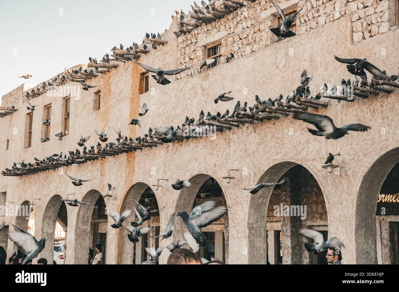 Architektur des Nahen Ostens mit Bambushölzern, die aus einem Gebäude ragen, Souq Waqif, Doha, Katar Stockfoto