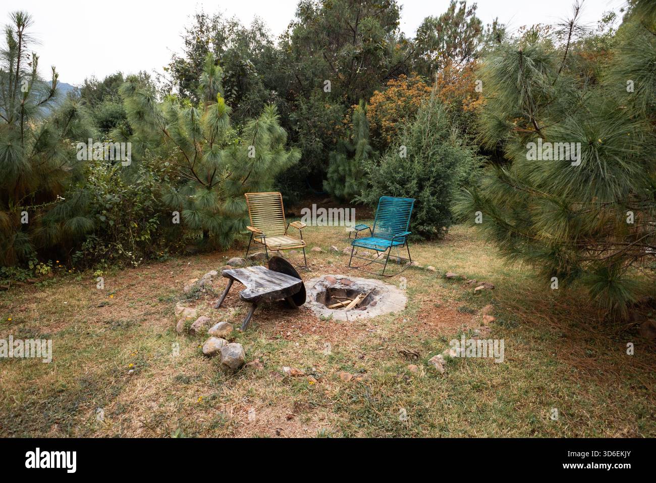 Eine ruhige Außenszene einer Feuerstelle, umgeben von zwei bunten Metallstühlen eines Glamping. Das üppige Grün und die Kiefern bilden einen entspannenden Garten Stockfoto