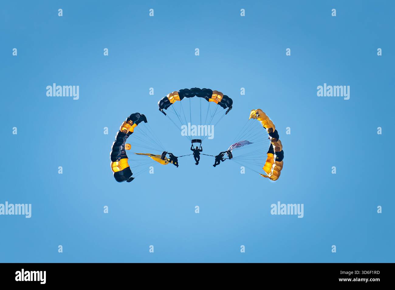 Fallschirmspringer der US-Armee steigen während der Chicago Air & Water Show in Formation ab. Stockfoto
