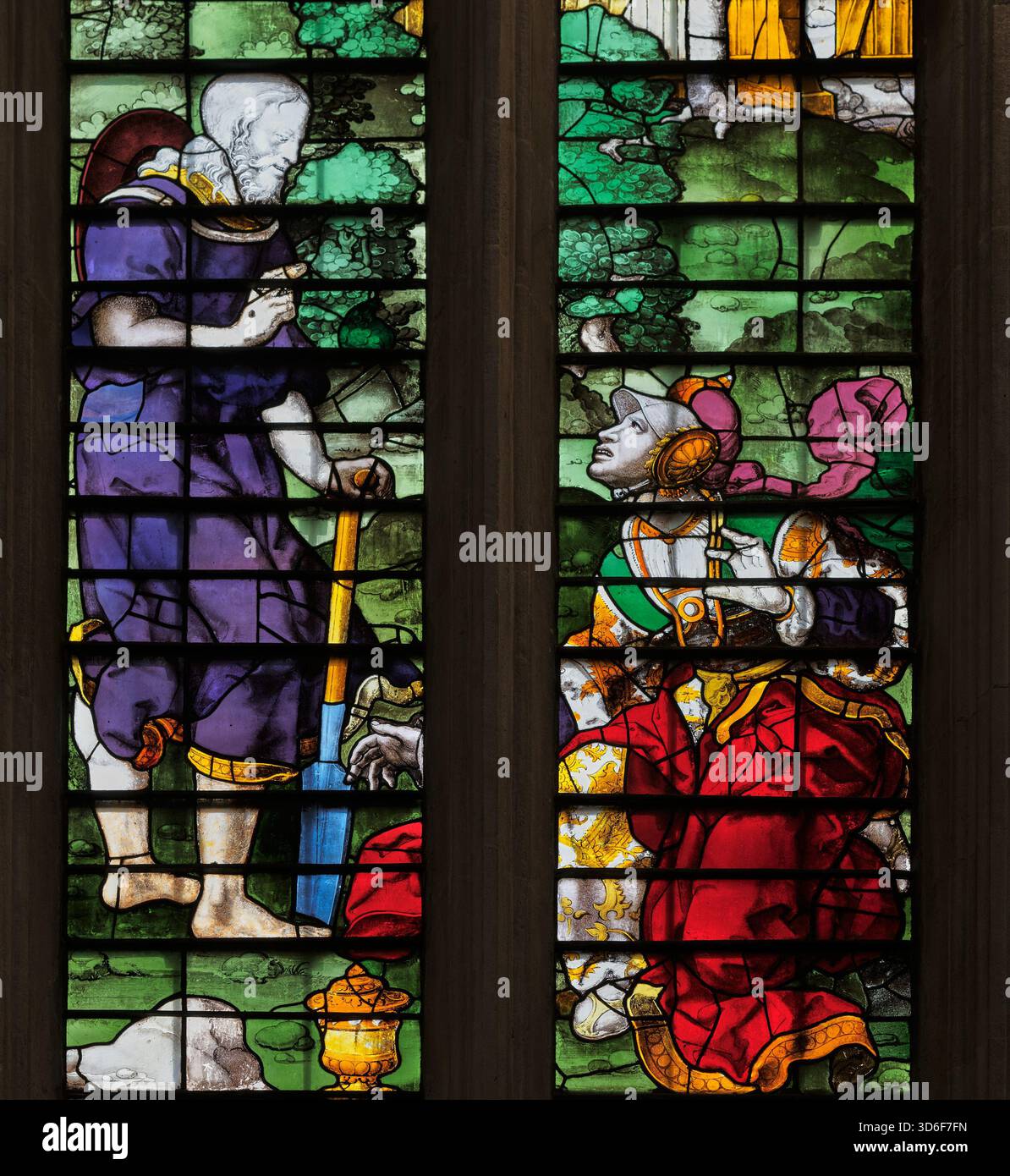 Buntglasfenster, in dem Maria Magdalen den auferstandenen Jesus Christus für einen Gärtner hält, in der tudor christian Chapel am King's College, Cambridge. Stockfoto