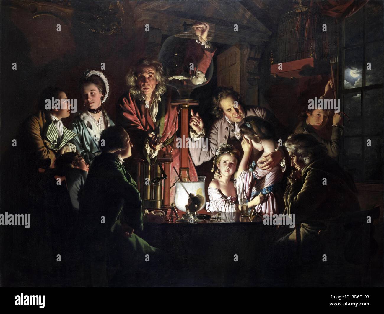 Ein Experiment on a Bird in the Air Pump, Ölgemälde des britischen Künstlers Joseph Wright of Derby (1734–1797) aus dem Jahr 1768, das eine nächtliche wissenschaftliche Demonstration in einem georgianischen Innenraum mit Kerzenlicht zeigt, wo ein Naturphilosoph eine Luftpumpe betreibt, die einem weißen Kakatoo vor einer gemischten Gruppe von Zuschauern die Luft entzieht, deren Ausdrucksformen von Horror und Distress bis hin zu distanzierung wissenschaftlicher Neugier und romantischer Ablenkung reichen. Stockfoto