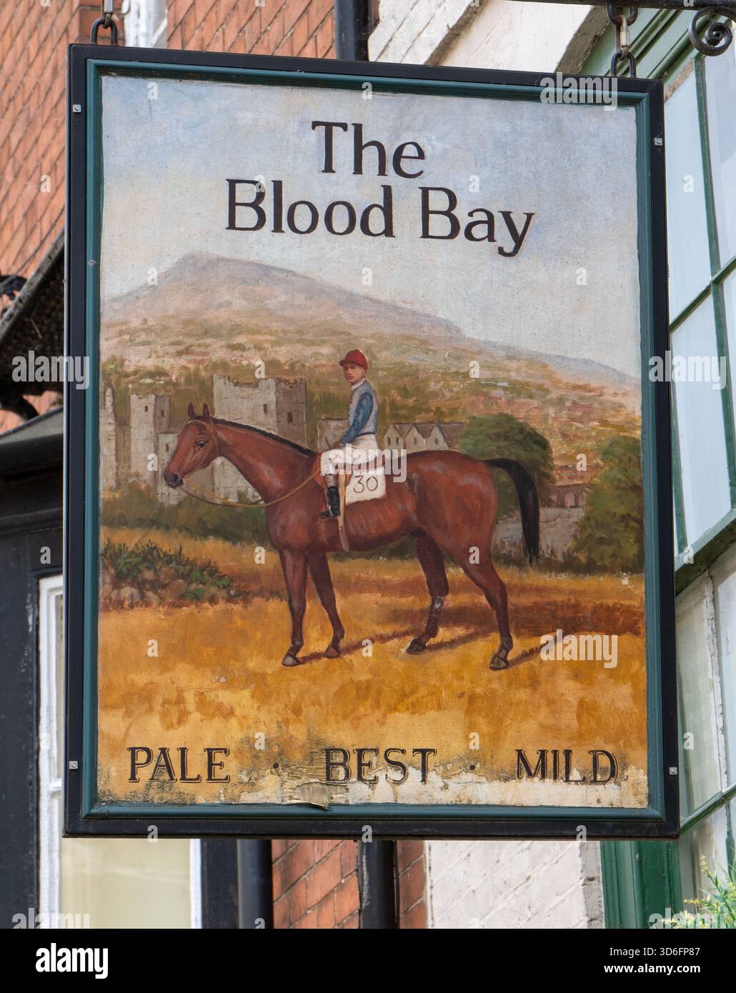 Traditionelles hängendes Pub-Schild im Blood Bay Public House, High Street, Ludlow, Shropshire, England, Großbritannien - historischer viktorianischer Stadtpub. Stockfoto