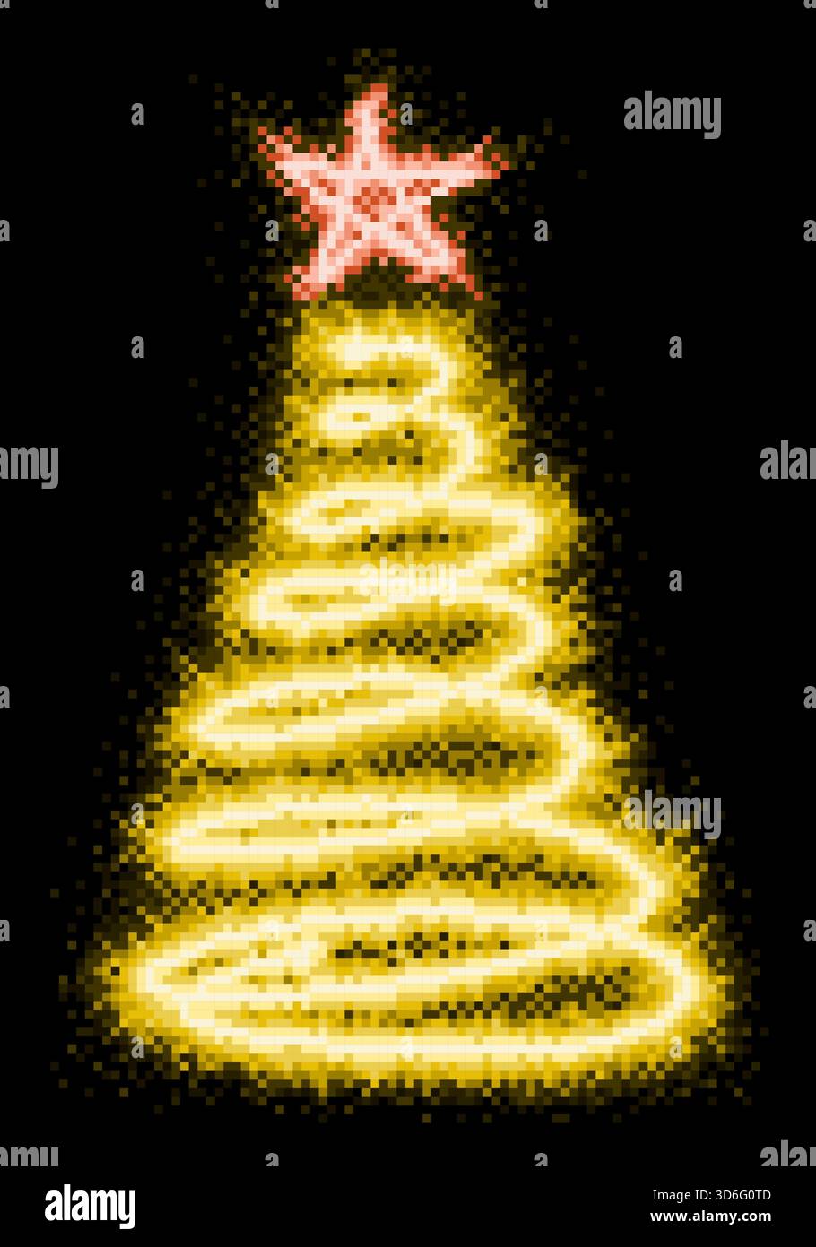 Ein pixeliger, glühender Weihnachtsbaum mit Stern. Stock Vektor