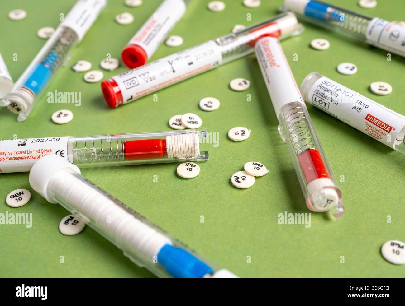 Petrischalen und Reagenzgläser mit Antibiotika auf grünem Hintergrund. Stockfoto