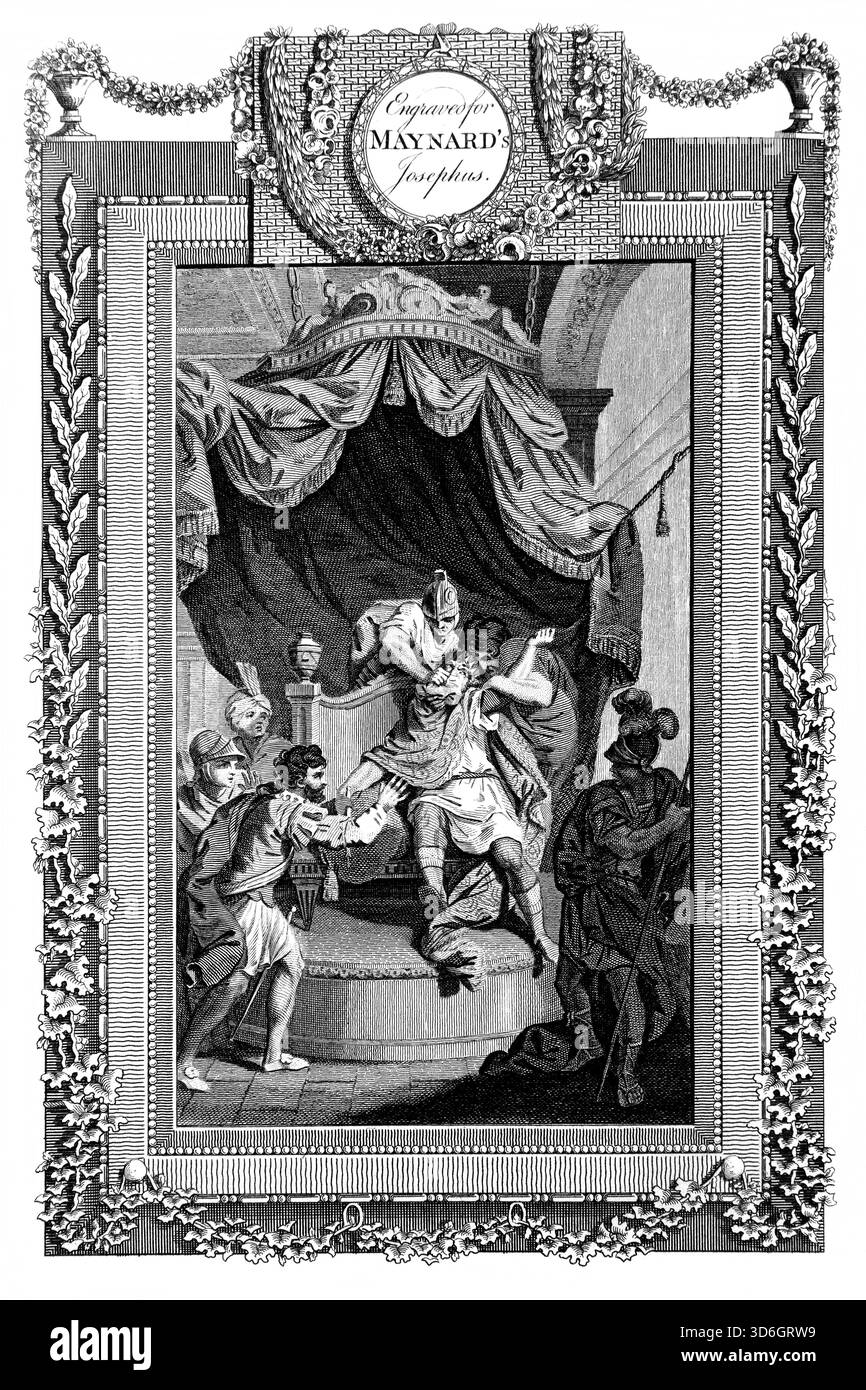 Illustration von König Ben-Hadad erstickte mit einem feuchten schweren Tuch von Hazael, der ihm dann auf dem Thronefrom Antique 18th Century nachfolgte Stockfoto