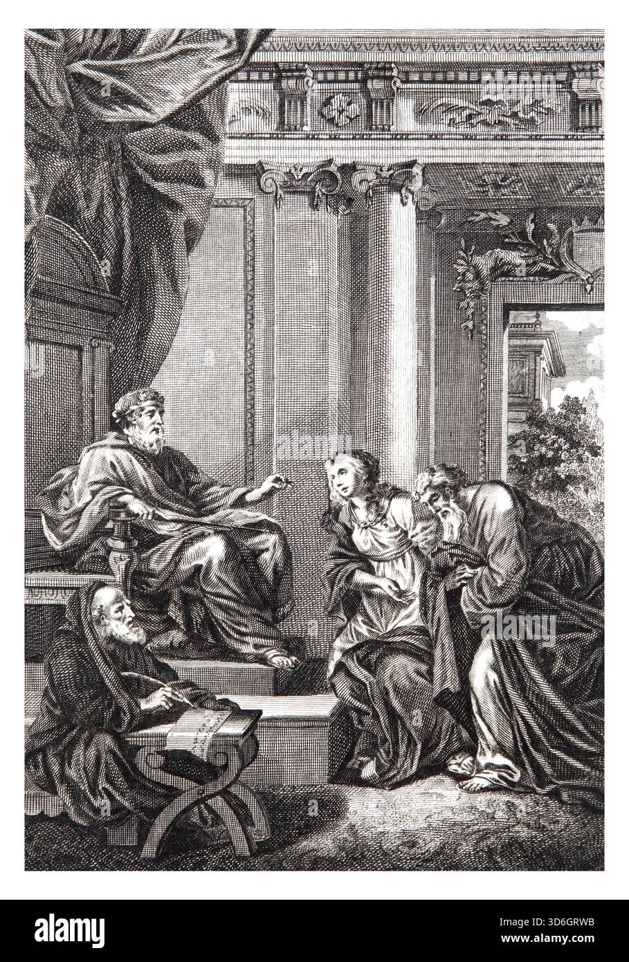 Illustration des Königs Ahasveros, der Mordechai einen Ring überreichte, den er Haman als Zeichen seiner Gunst (Esther) aus dem antiken 18. Jahrhundert anvertraute Stockfoto