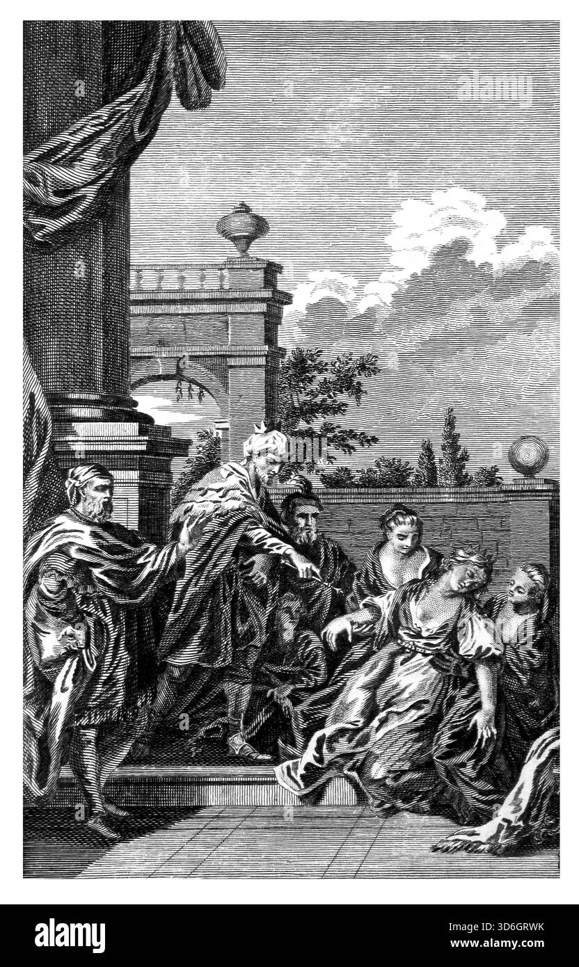 Illustration der Königin Esther, die vor König Ahasveros ohnmächtig wurde, aus dem antiken 18. Jahrhundert die echten und vollständigen Werke von Flavius Josephus jüdischen Histo Stockfoto