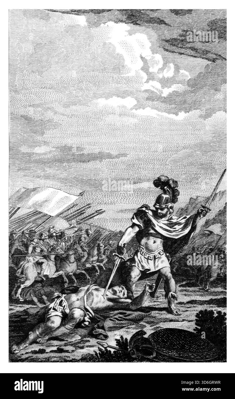 Illustration von Judas Makkabeus besiegt die Samarische Armee und tötet Apolloninus (Makkabäer) ihren General aus dem antiken 18. Jahrhundert, die Genuine und Stockfoto