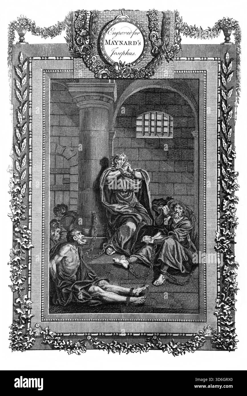 Illustration Manasse König von Juda gefesselt und gefangen in Babylon auf Befehl von König Esarhaddon aus dem antiken 18. Jahrhundert der echte und vollständige Stockfoto