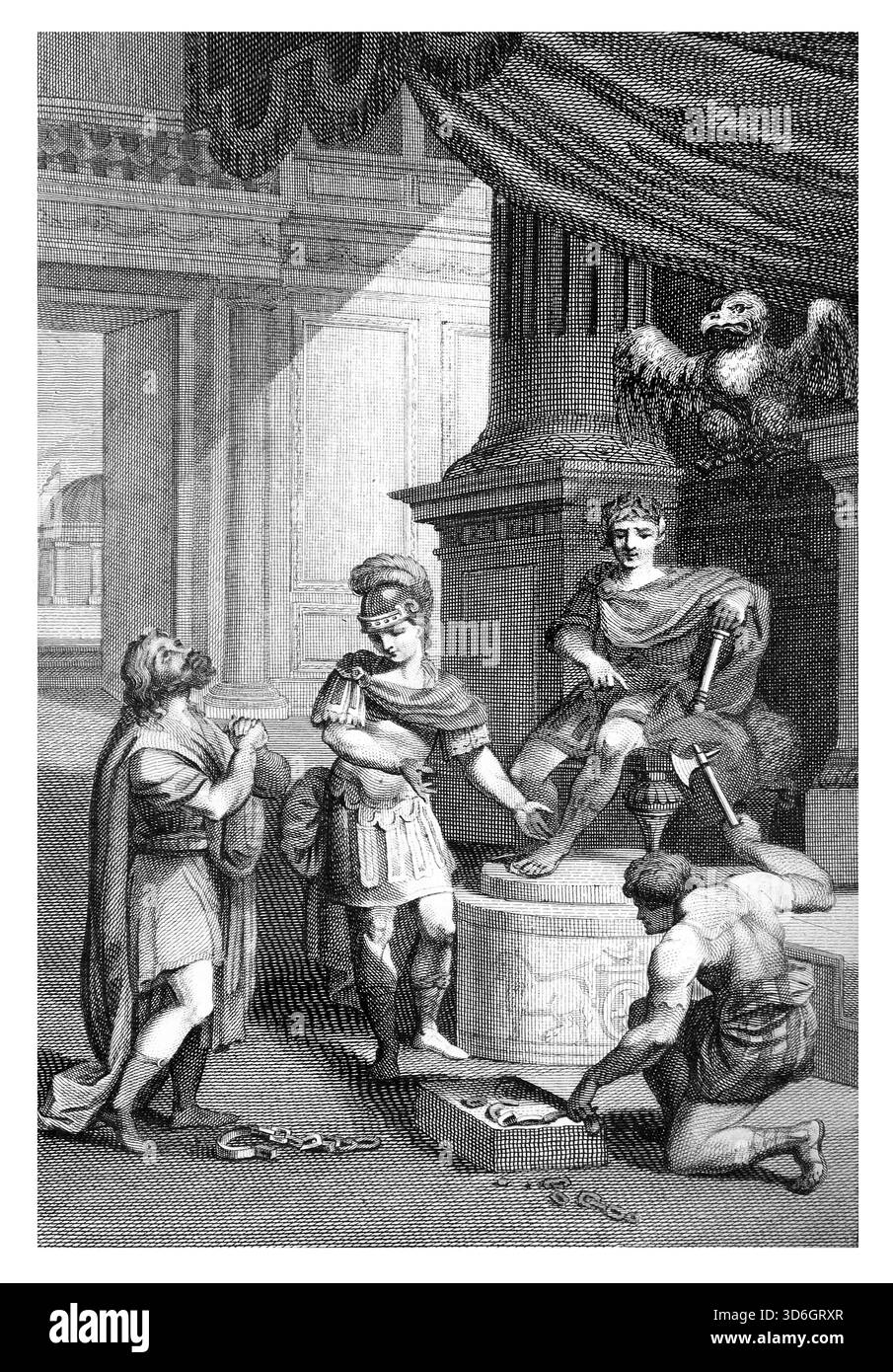 Illustration von Flavius Josephus brachte dem römischen Kaiser Vespasian vor, der ihm befahl, in die Freiheit zurückzukehren, seine Ketten zu brechen und danach Stockfoto