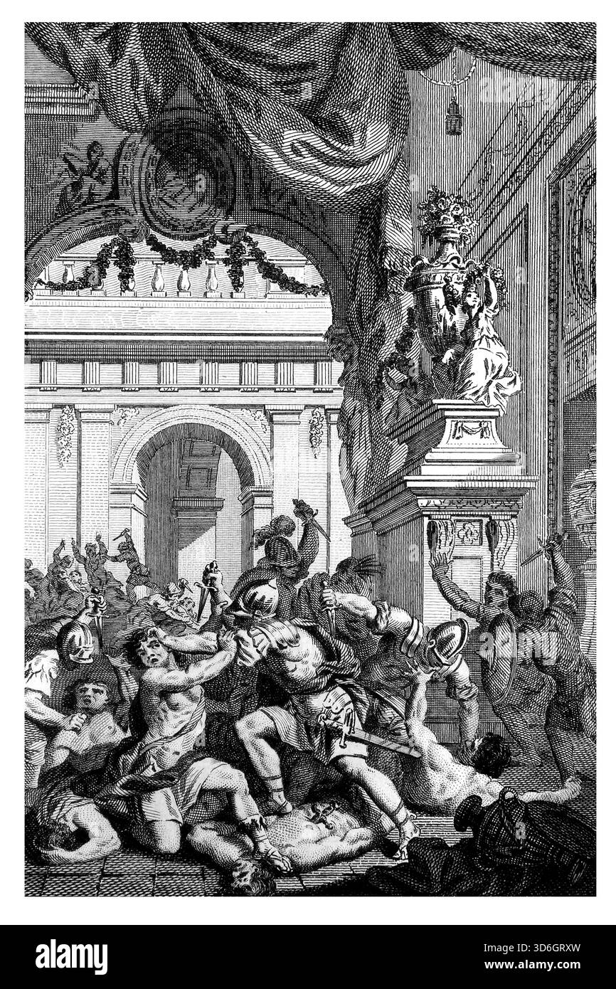 Illustration von zehntausend Juden, die an einem Tag von den Einwohnern von Damaskus aus dem antiken 18. Jahrhundert massakriert wurden Stockfoto