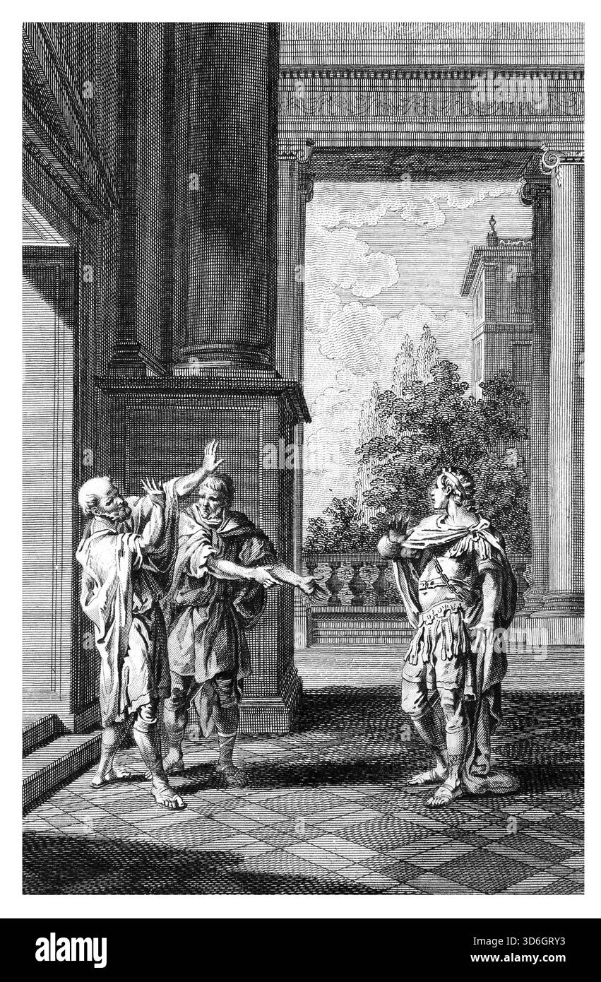 Illustration von König Herodes dem Großen, der die verräterische Umarmung seines Sohnes Antipater ablehnte, der eine Verschwörung gegen sein Leben gebildet hatte, um es zu tun Stockfoto