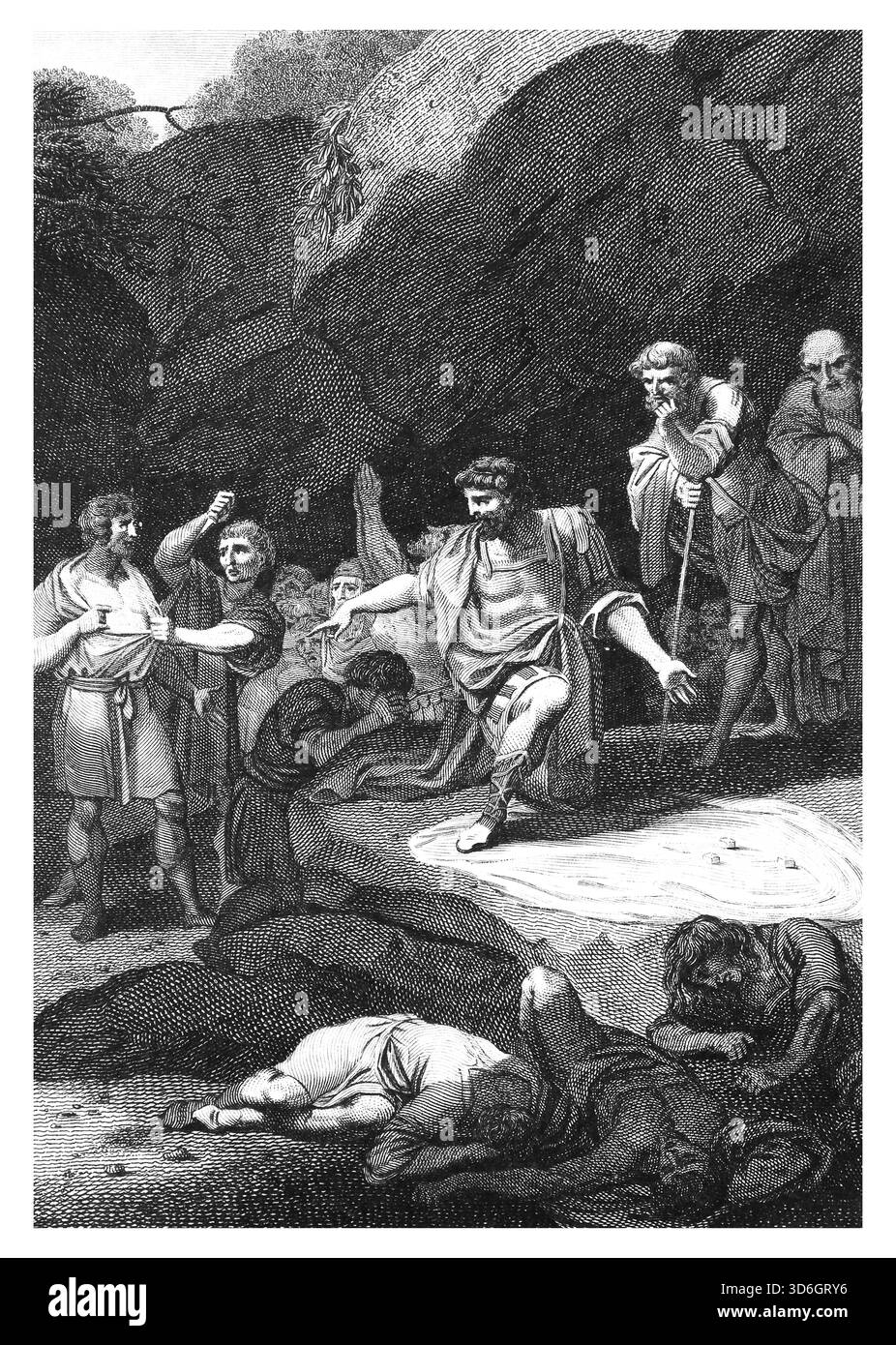 Illustration von Flavius Josephus in einer Höhle nach der Belagerung und Zerstörung von Jotapata mit seinen Gefährten, die zuerst eac zerstören sollten Stockfoto