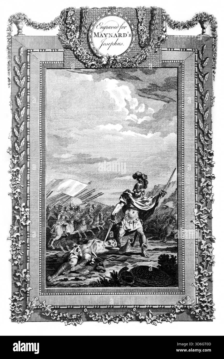 Illustration von Judas Makkabeus besiegt die Samarische Armee und tötet Apolloninus (Makkabäer) ihren General aus dem antiken 18. Jahrhundert, die Genuine und Stockfoto