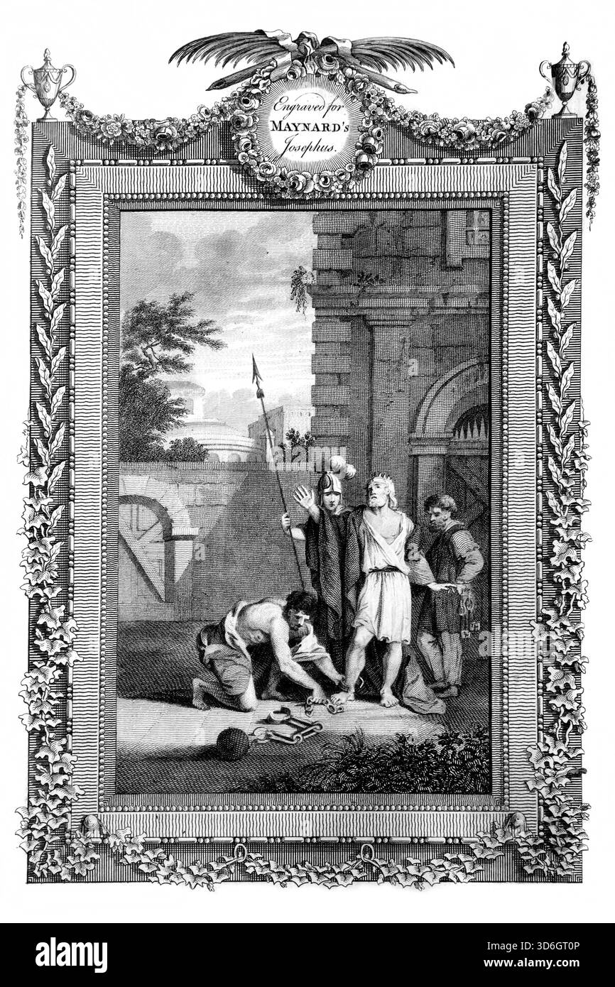 Illustration von Manasse König von Juda aus der Gefangenschaft befreit durch den König von Babylon aus dem antiken 18. Jahrhundert das echte und vollständige Werk Stockfoto