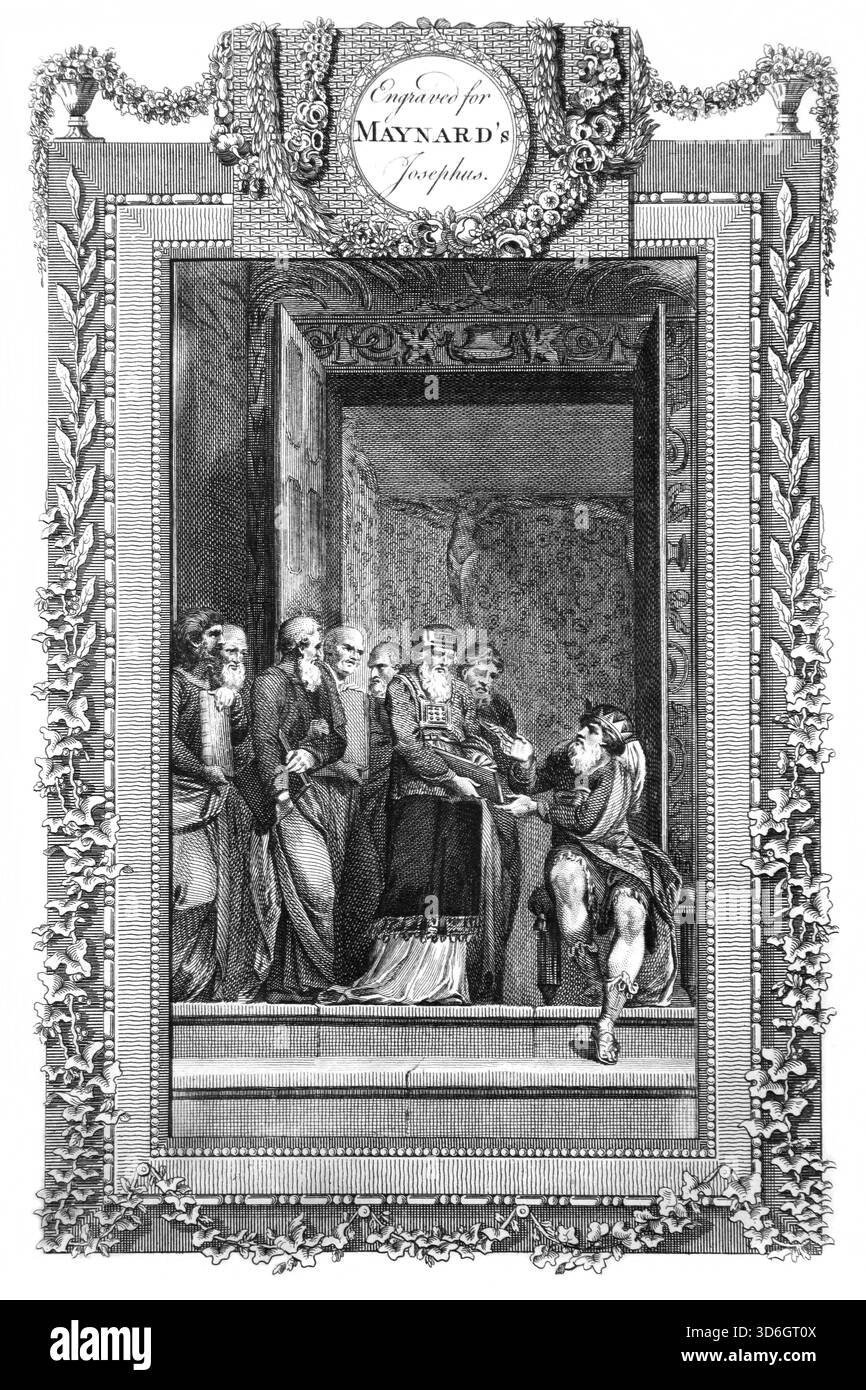 Illustration von Hilkia und Schaphan, die König Josia das Buch des Gesetzes von Moses dem Bund überbrachten, das im Tempel (Könige) fr Stockfoto