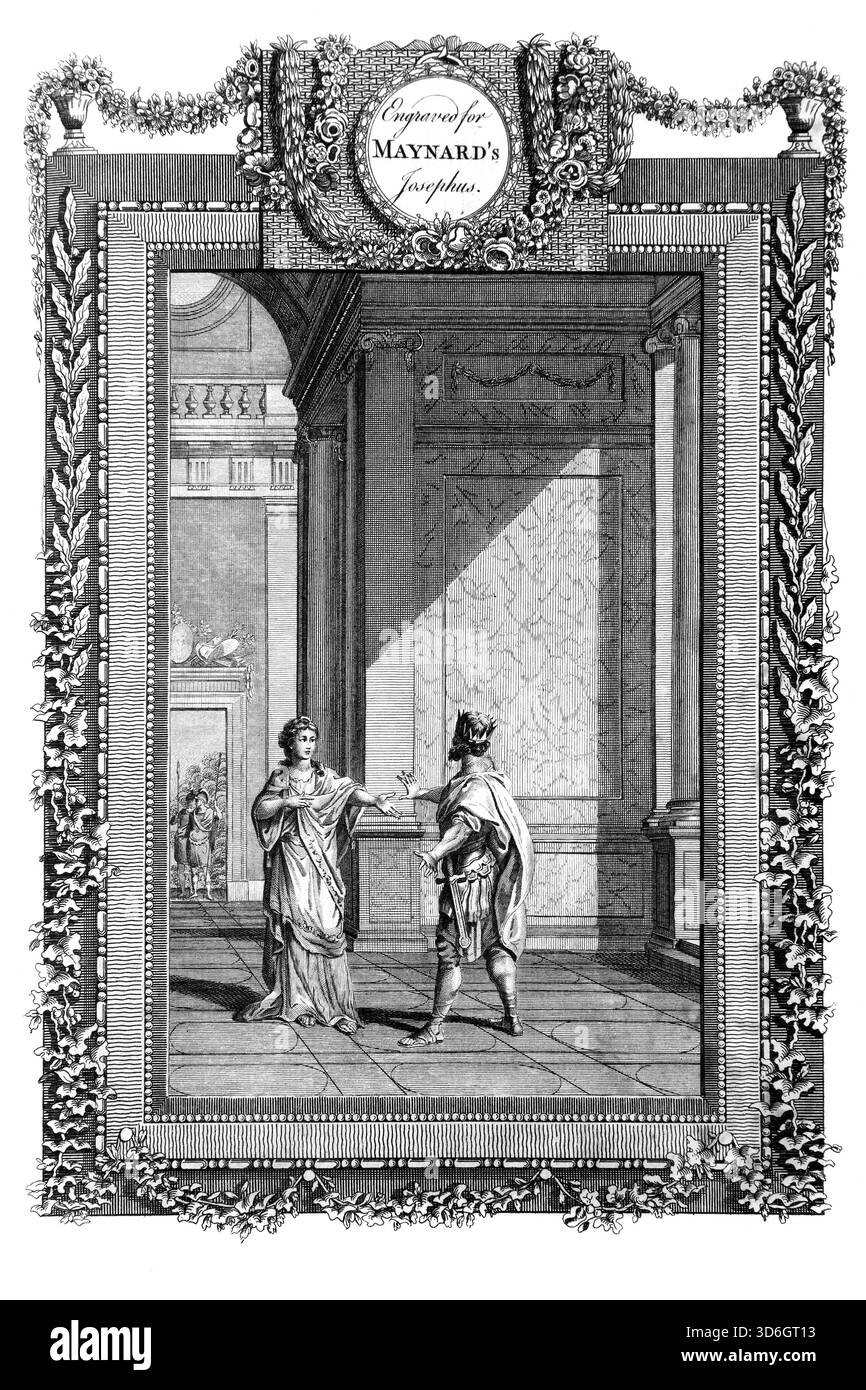 Abbildung von Herodes, den Mariamne für seine Grausamkeiten aus dem antiken 18. Jahrhundert vorwarf, die echten und vollständigen Werke von Flavius Josephus Jüdisches His Stockfoto