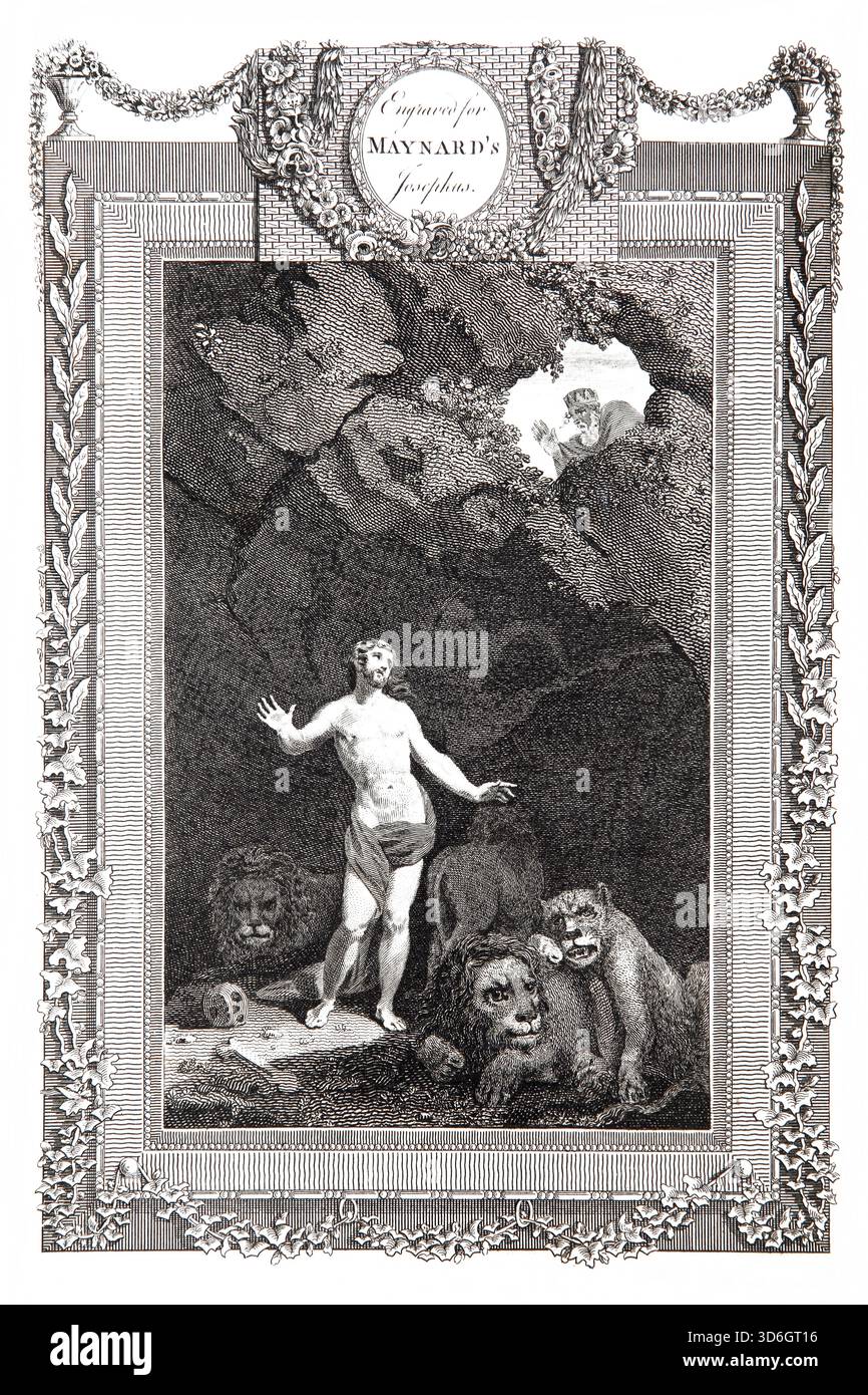 Illustration von König Darius dem Großen, der in die Grube schaut, wo Daniel in die Löwen des antiken 18. Jahrhunderts gegossen wurde Stockfoto