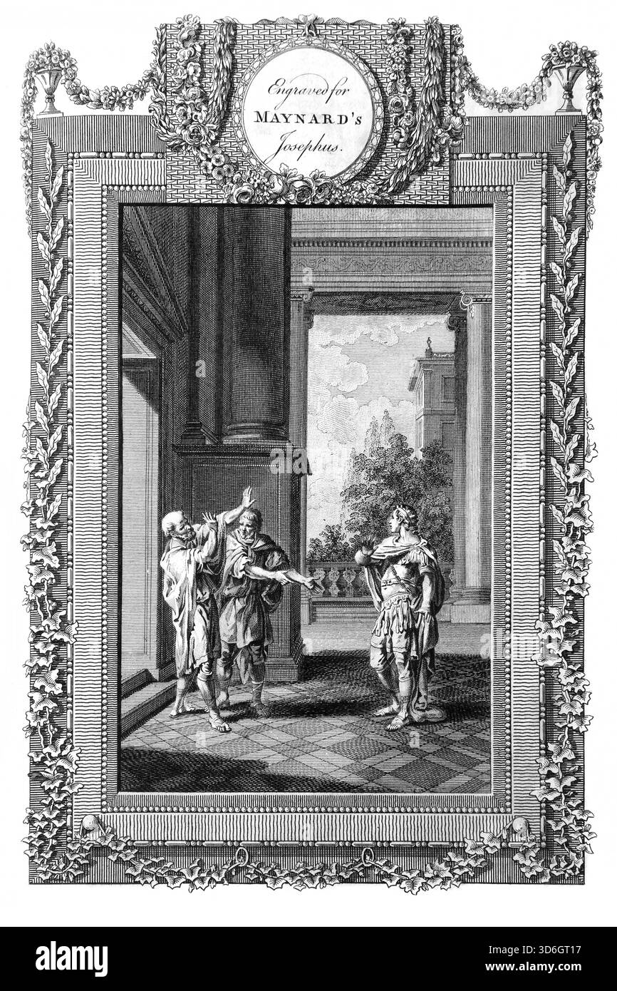 Illustration von König Herodes dem Großen, der die verräterische Umarmung seines Sohnes Antipater ablehnte, der eine Verschwörung gegen sein Leben gebildet hatte, um es zu tun Stockfoto