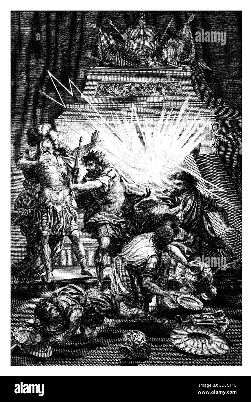 Abbildung von Herodes dem Großen auf der Suche nach Schätzen, der das königliche Grab von König David aufbricht, als zwei Diener durch Blitze getötet wurden Stockfoto