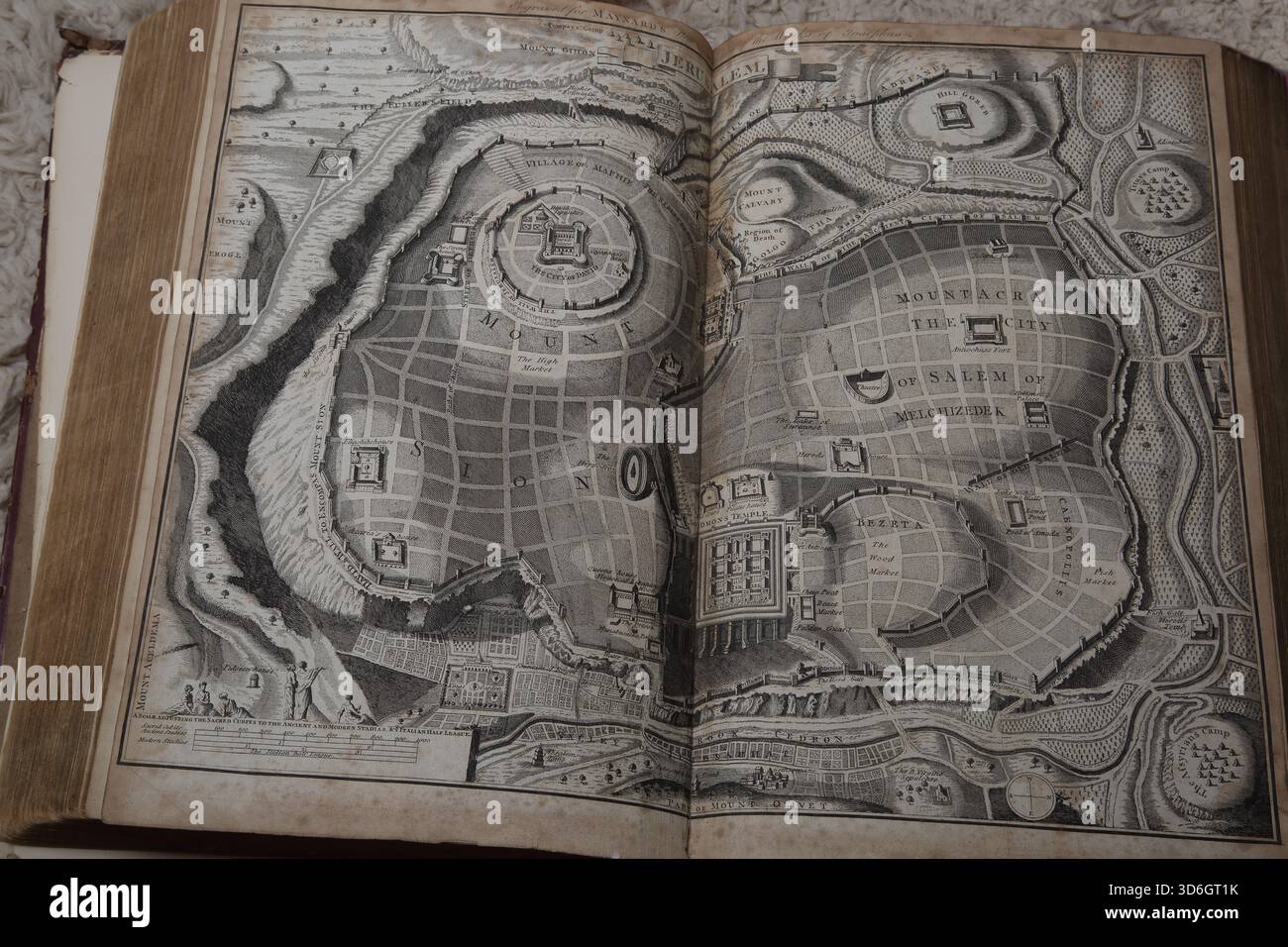 Illustration der Karte von Jerusalem während der Zeit der Bibel aus dem antiken 18. Jahrhundert die echten und vollständigen Werke des Flavius Josephus Jüdischen Hist Stockfoto