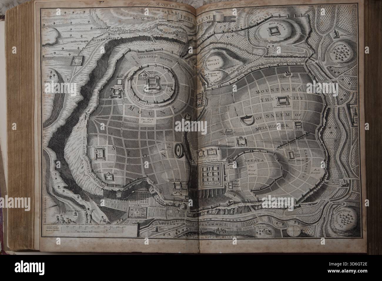 Illustration der Karte von Jerusalem während der Zeit der Bibel aus dem antiken 18. Jahrhundert die echten und vollständigen Werke des Flavius Josephus Jüdischen Hist Stockfoto