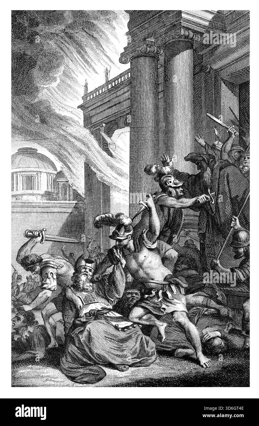 Illustration der Zerstörung des Baal-Tempels mit seinen Priestern und falschen Propheten auf Befehl des Königs Jehu (Könige) aus dem antiken 18. Jahrhundert Stockfoto