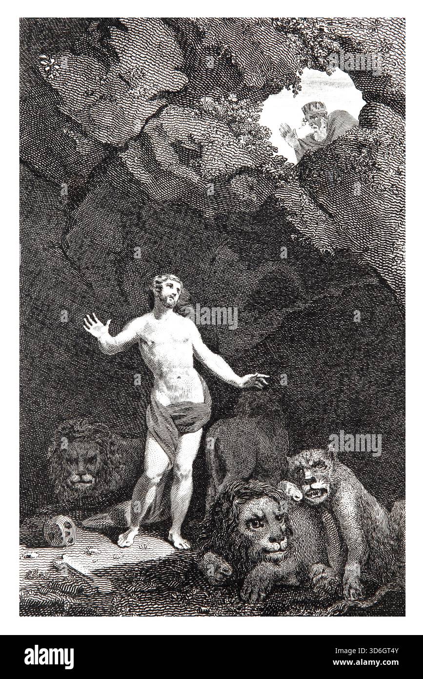 Illustration von König Darius dem Großen, der in die Grube schaut, wo Daniel in die Löwen des antiken 18. Jahrhunderts gegossen wurde Stockfoto