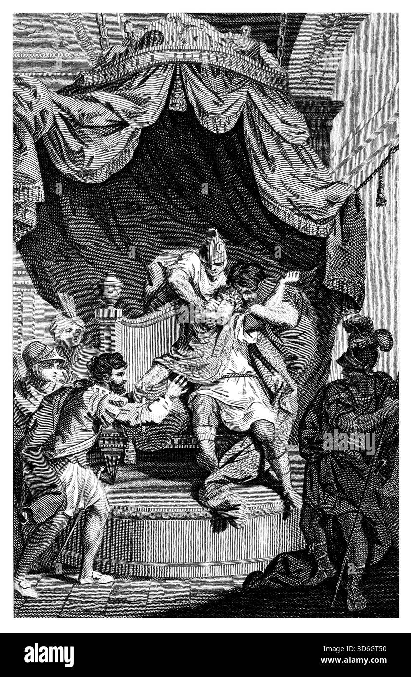 Illustration von König Ben-Hadad erstickte mit einem feuchten schweren Tuch von Hazael, der ihm dann auf dem Thronefrom Antique 18th Century nachfolgte Stockfoto