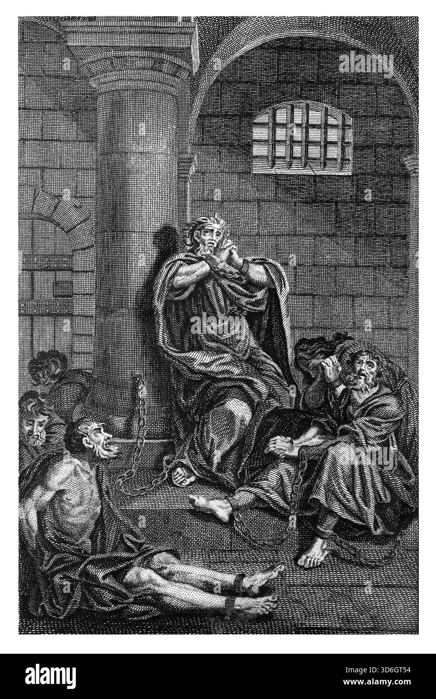 Illustration Manasse König von Juda gefesselt und gefangen in Babylon auf Befehl von König Esarhaddon aus dem antiken 18. Jahrhundert der echte und vollständige Stockfoto