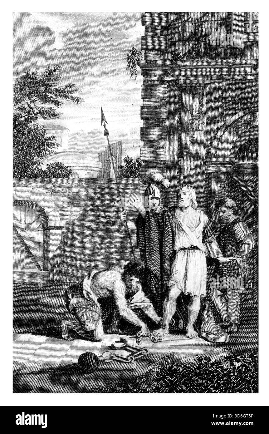 Illustration von Manasse König von Juda aus der Gefangenschaft befreit durch den König von Babylon aus dem antiken 18. Jahrhundert das echte und vollständige Werk Stockfoto