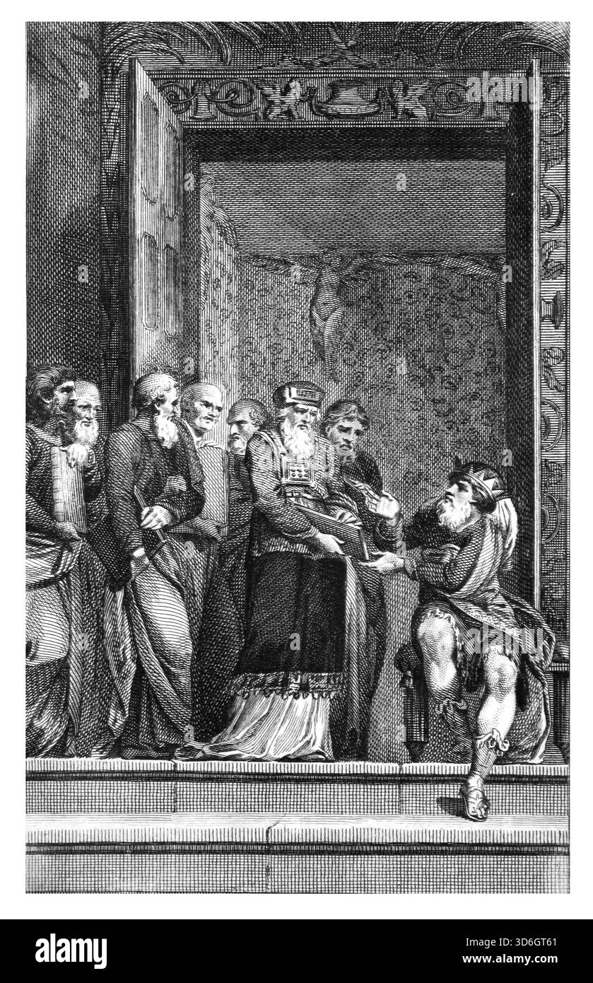 Illustration von Hilkia und Schaphan, die König Josia das Buch des Gesetzes von Moses dem Bund überbrachten, das im Tempel (Könige) fr Stockfoto