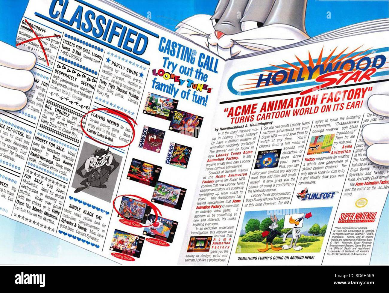 1994 Looney Tunes Videospiele im Nintendo Game Boy SNES-Werbespot mit Bugs Bunny, „Acme Animationsfabrik“ Stockfoto