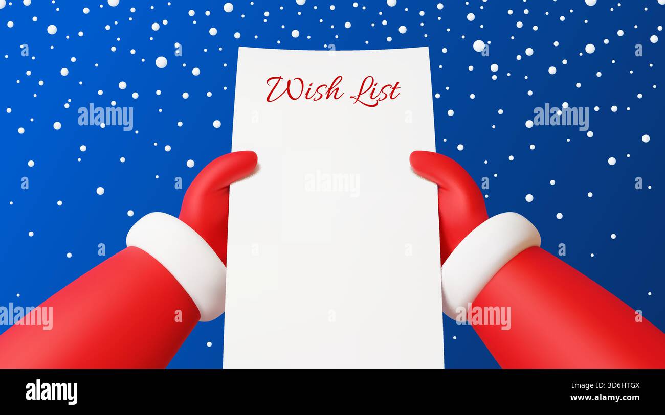 Weihnachtsmann Hände in roten Handschuhen halten ein leeres Wunschzettel Papier, Schneeflocken fallen auf blauen Hintergrund. Cartoon 3D Vektor Vater Noel Weihnachtsfigur hält leeres Papier Wunschliste Blatt oben Ansicht Stock Vektor