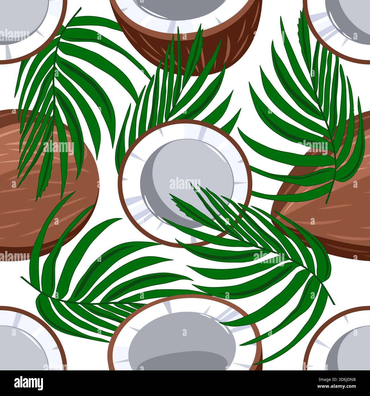 Kokosnuss ganz und geschnitten mit Palmblättern nahtlose Muster Vektor Illustration Stock Vektor