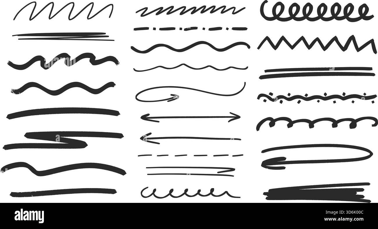 Markierungslinien, Kurven, Unterstriche und Pfeile gesetzt. Handgezeichnete Tintenelemente zum Journalisieren und Notizen. Markierungszeichen im Sketch-Stil mit Grunge-Kritzeleien Stock Vektor