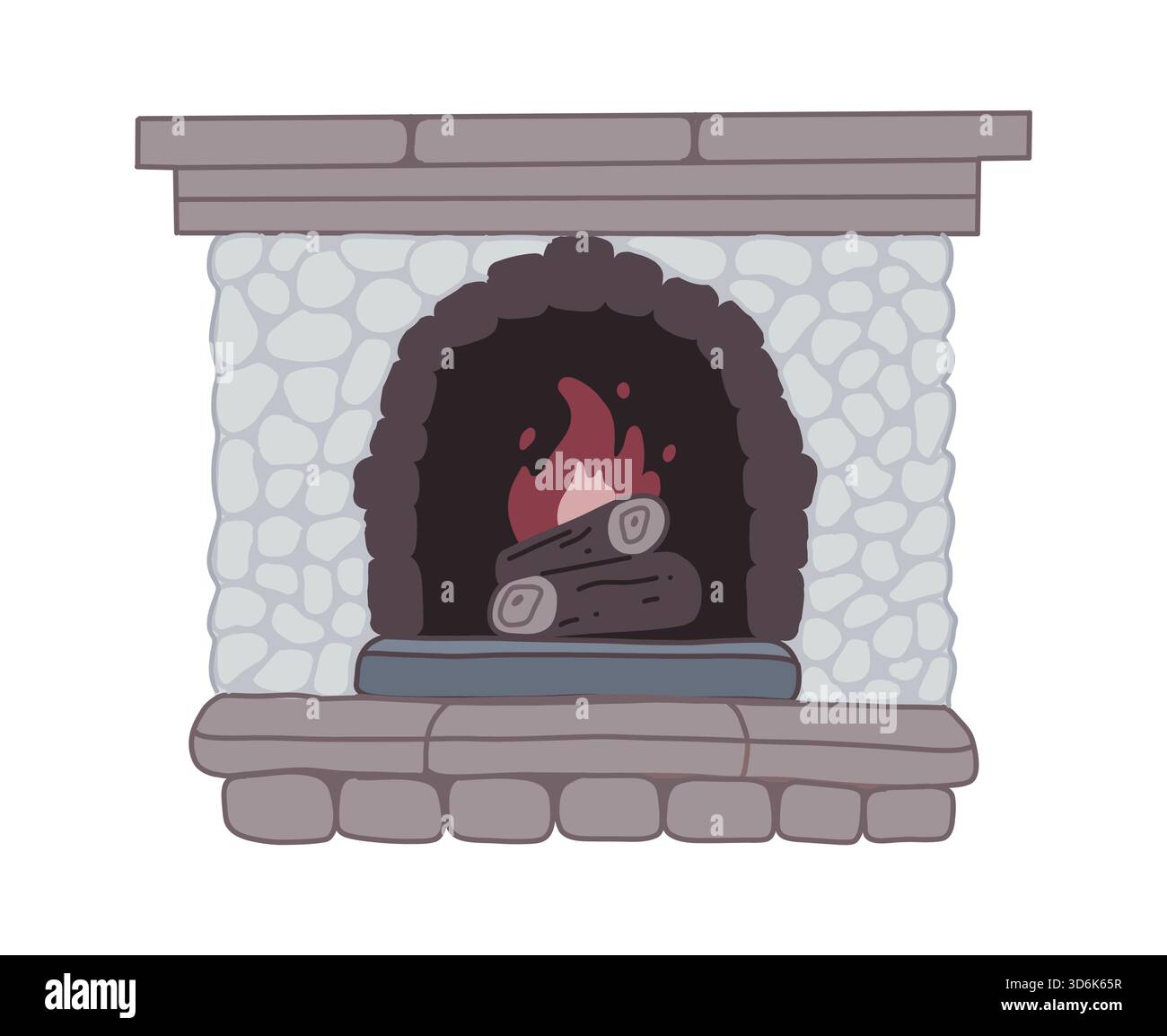 Kritzelnde Kaminfigur mit brennenden Flammen und Holzstämmen, handgezeichnet in warmen Tönen. Gemütliche und fröhliche Illustration im einfachen Cartoon-Stil, perfekt Stock Vektor