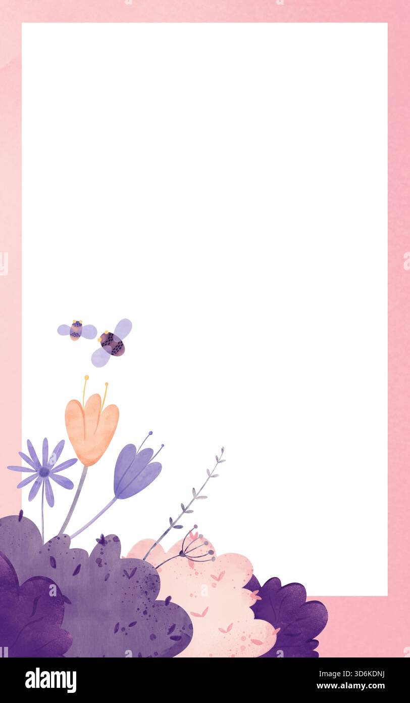 Niedlicher Aquarellrahmen mit floralem Rand mit lila Blumen, oranger Tulpe, Lavendel und fliegenden Bienen auf rosa Hintergrund. Perfekt für eine Einladung zur Babyparty Stockfoto