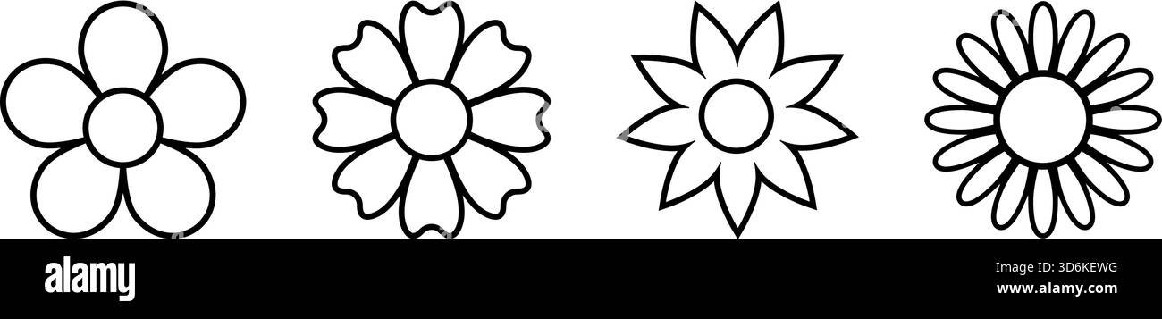 Blumensymbole im einfachen Umrissstil auf weißem Hintergrund. Vektorabbildung Stock Vektor