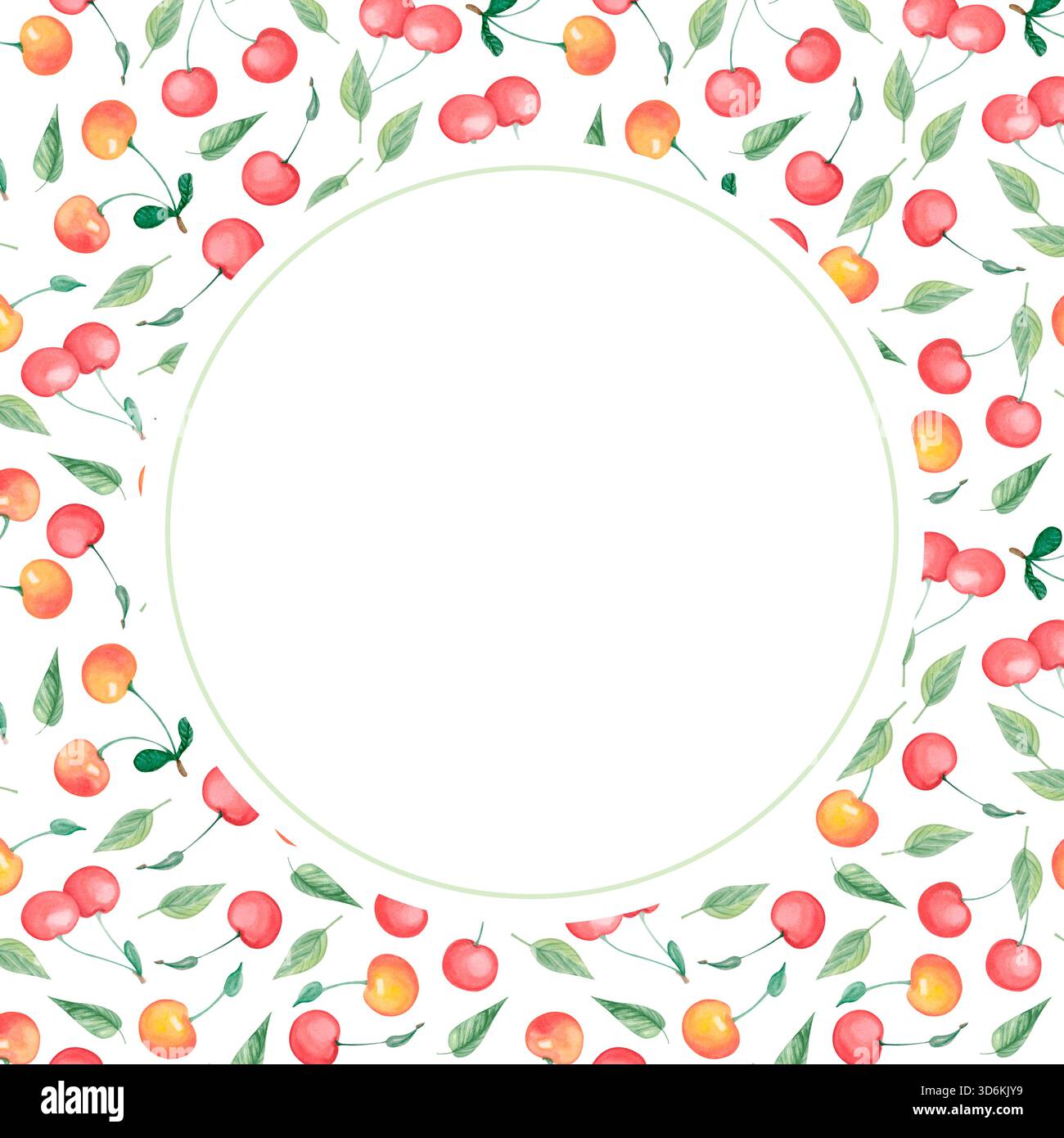 Kirschfarbener Rahmen mit bunten Beeren. Runder botanischer Obstrand im rustikalen Stil für Marmeladen-Etiketten, Lebensmittelverpackungen, Speisekarten und Sommermotive. Stockfoto