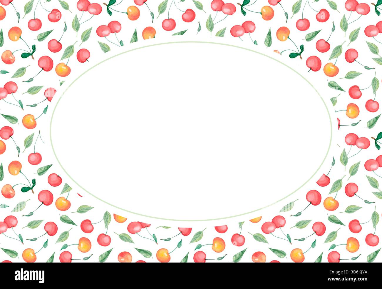 Kirschfarbener Rahmen mit bunten Beeren. Ovaler botanischer Obstrand im rustikalen Stil für Marmeladen-Etiketten, Lebensmittelverpackungen, Speisekarten und Sommermotive. Stockfoto