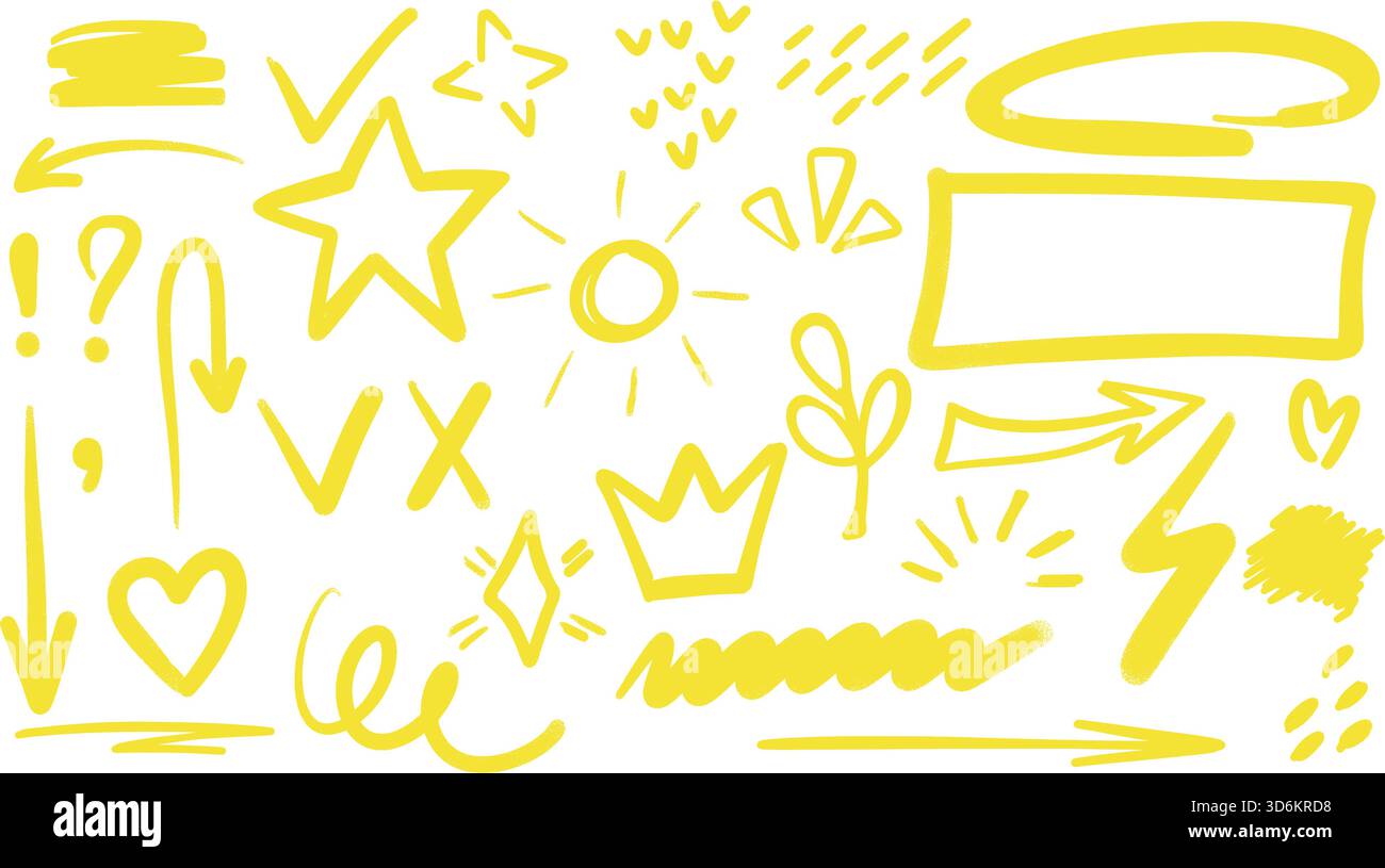Satz von neongelben Markierungszeichnungen im Sketch-Stil. Einfache handgezeichnete Symbole für Notizen, Tagebuch und Blog-Post. Vektorelemente Stock Vektor