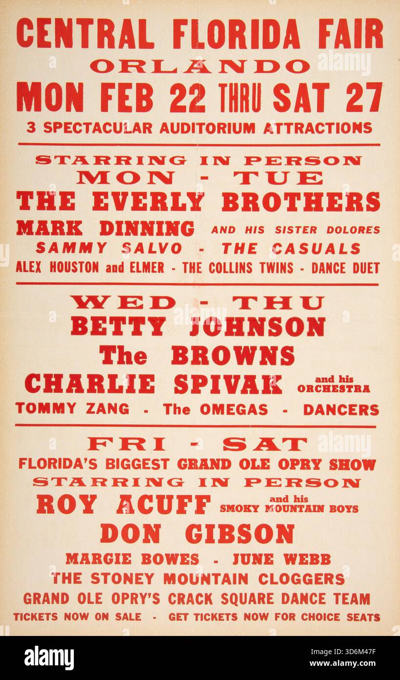 Central Florida Fair – Everly Brothers and Other Artists, 1960 Orlando, Florida – Vintage Concert Poster Stockfoto