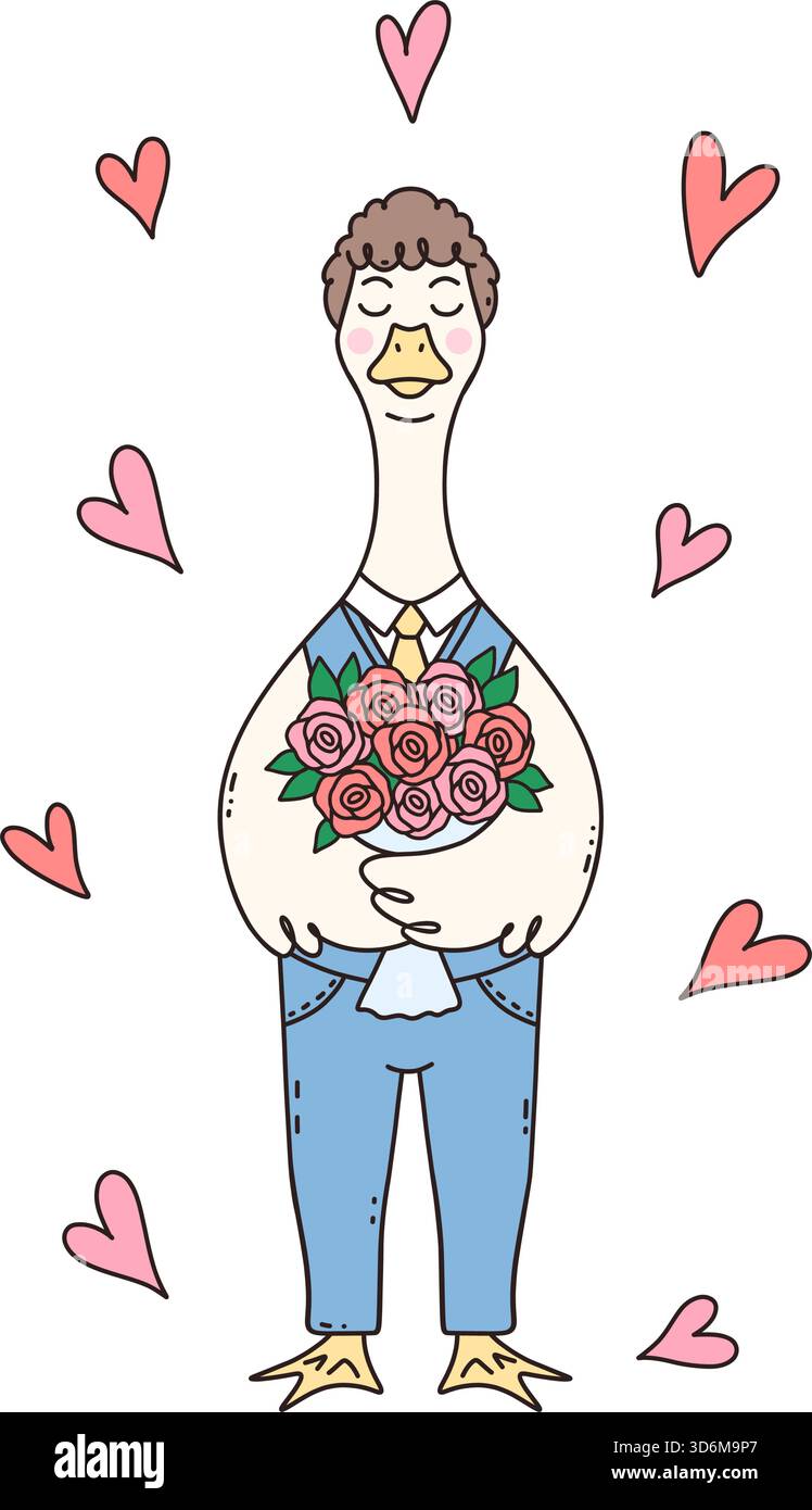 Süße männliche Gans in einem Anzug mit einem wunderschönen Strauß rosa Rosen, umgeben von Herzen. Handgezeichnete Grußkarte. Stock Vektor