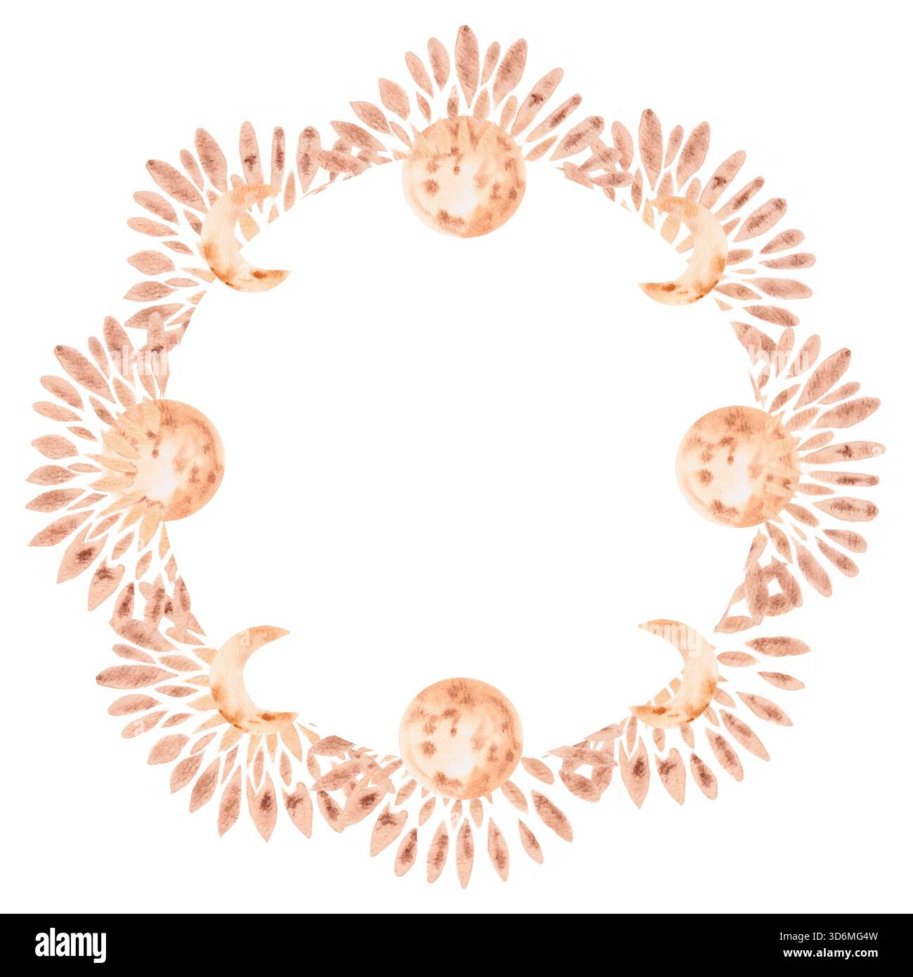 Ein runder Rahmen mit Mond, Halbmond und stilisierten Strahlen. Isolierte Aquarellillustration für Geschirr, Küchenwäsche, Tellerdruck, Kleidung, Stockfoto
