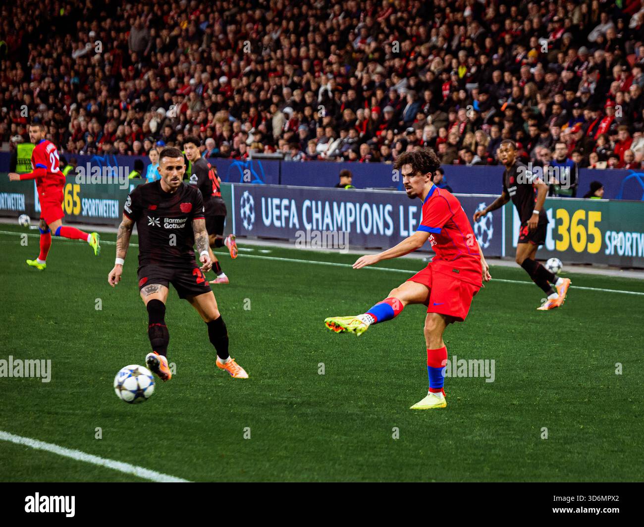 Vitinha hat beim Champions-League-Spiel gegen bayer leverkusen einen Pass gegeben Stockfoto