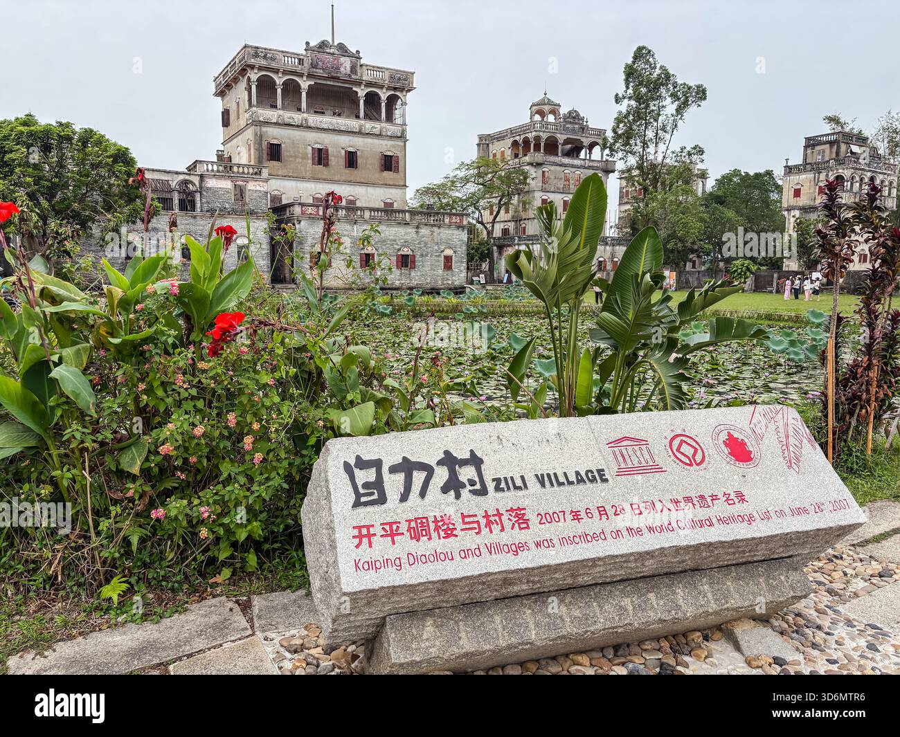 Zili Village in Kaiping, China, mit mehreren berühmten, mehrstöckigen Diaolou-Wachtürmen. Diese befestigten Türme dienten als Verteidigung gegen Banditen Stockfoto